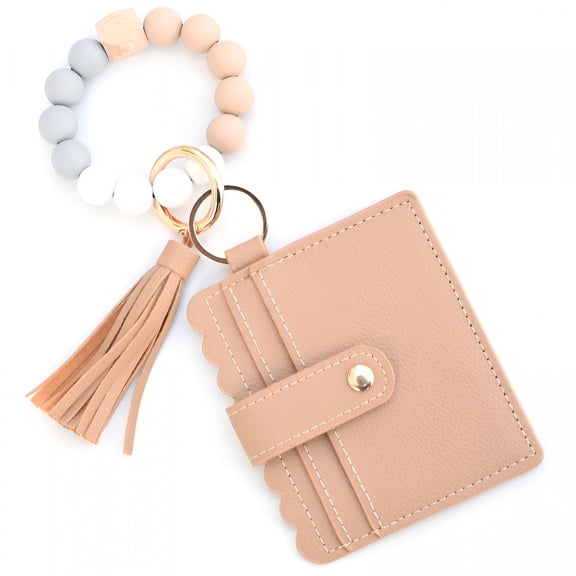 GASTROPOD Wristlet Bracelet Keychain Wallet, Card Holder Wallet Silicone Beaded Keychain, Credit Card Pocket Key Ring for Women (Khaki)