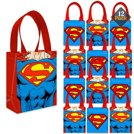 Superman Party Favor Bags Set – 12 Pack 8" Superhero Goodie Bags for Kids Bulk Reusable Mini Totes | Superman Birthday Party Supplies