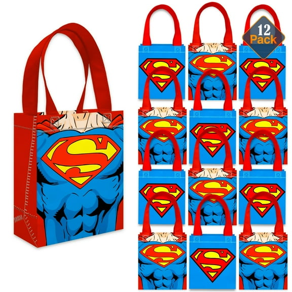 Superman Party Favor Bags Set – 12 Pack 8" Superhero Goodie Bags for Kids Bulk Reusable Mini Totes | Superman Birthday Party Supplies