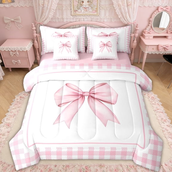 Erosebridal Watercolor Bow Twin Bedding Sets for Girls, Pink Plaid Buffalo Bedding Comforter Set for Women, Pink Reversible, 7 Pieces