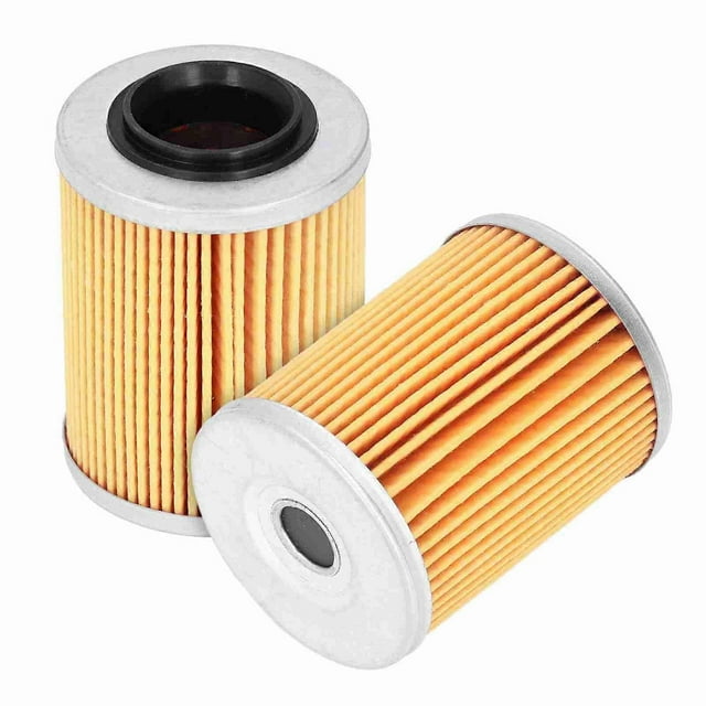 2pcs engine oil filter 0800-011300 replacement accessories for cf moto cforce uforce zforce atv vista 3/4 de dos filtros de aceite cilíndricos, elemento plisado naranja con tapas metálicas plateadas y junta de goma negra, juego de 2 compatible con CF Moto 2012-2018 y reemplaza el OEM 0800-011300; suele usarse como repuesto de mantenimiento para filtrar partículas del aceite.