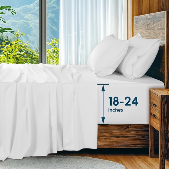 100% Egyptian Cotton King Sheets Extra Deep Pocket 18-24 Inch Sateen Bed Sheets 4 Piece Set White