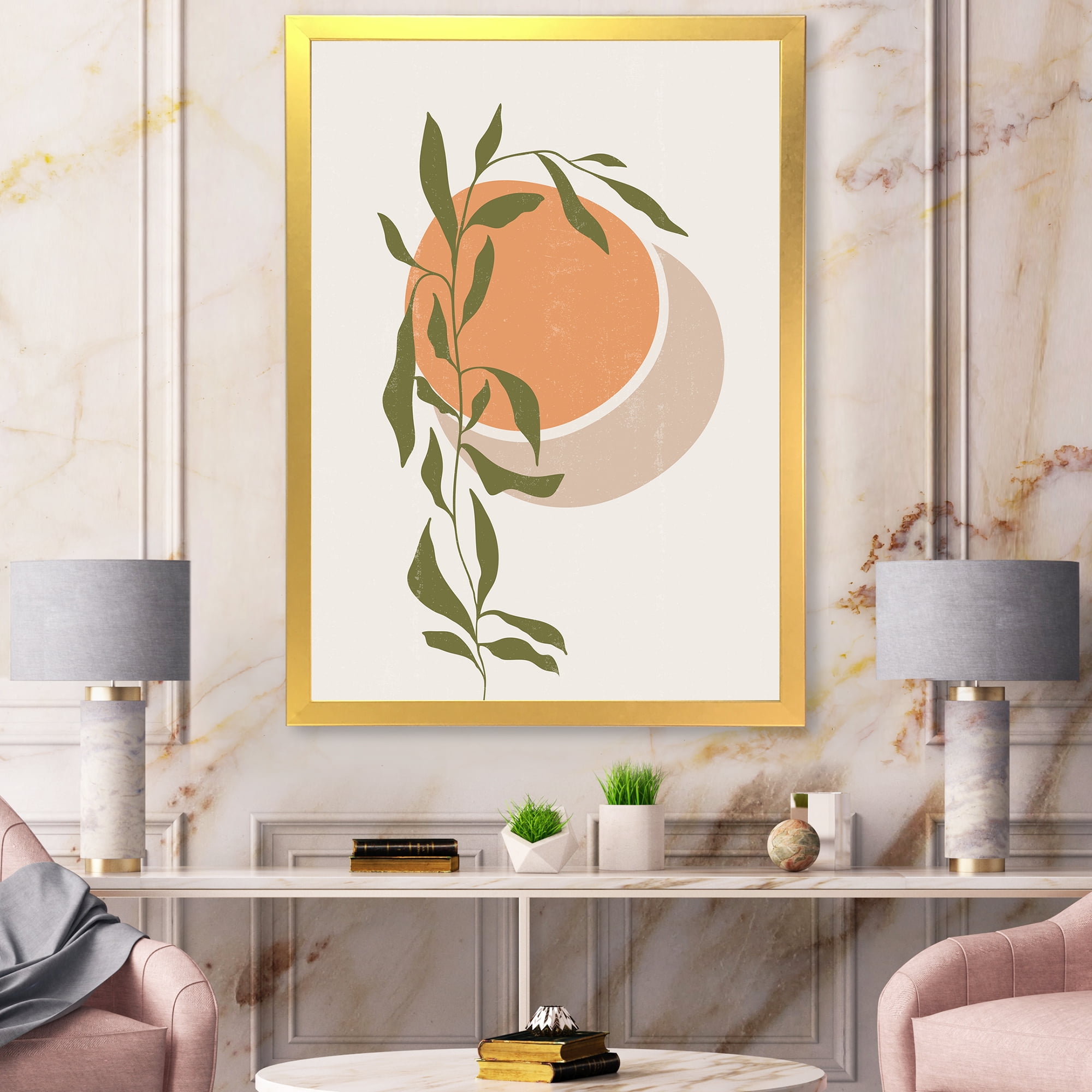Designart 'Abstract Orange Moon and Sun With Tropical Leaf' Modern Framed Art Print