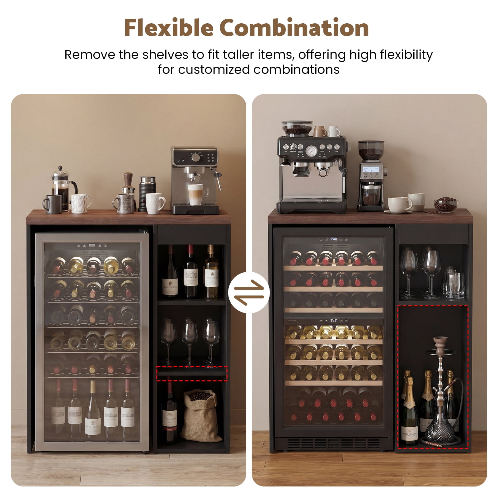 Advwin Coffee Bar Cabinet with Mini Fridge Space, Mini Fridge Stand with Drawer & Adjustable Shelf for Dorm, Kitchen, Office, Apartment, Home Bar, Black+Walnut
