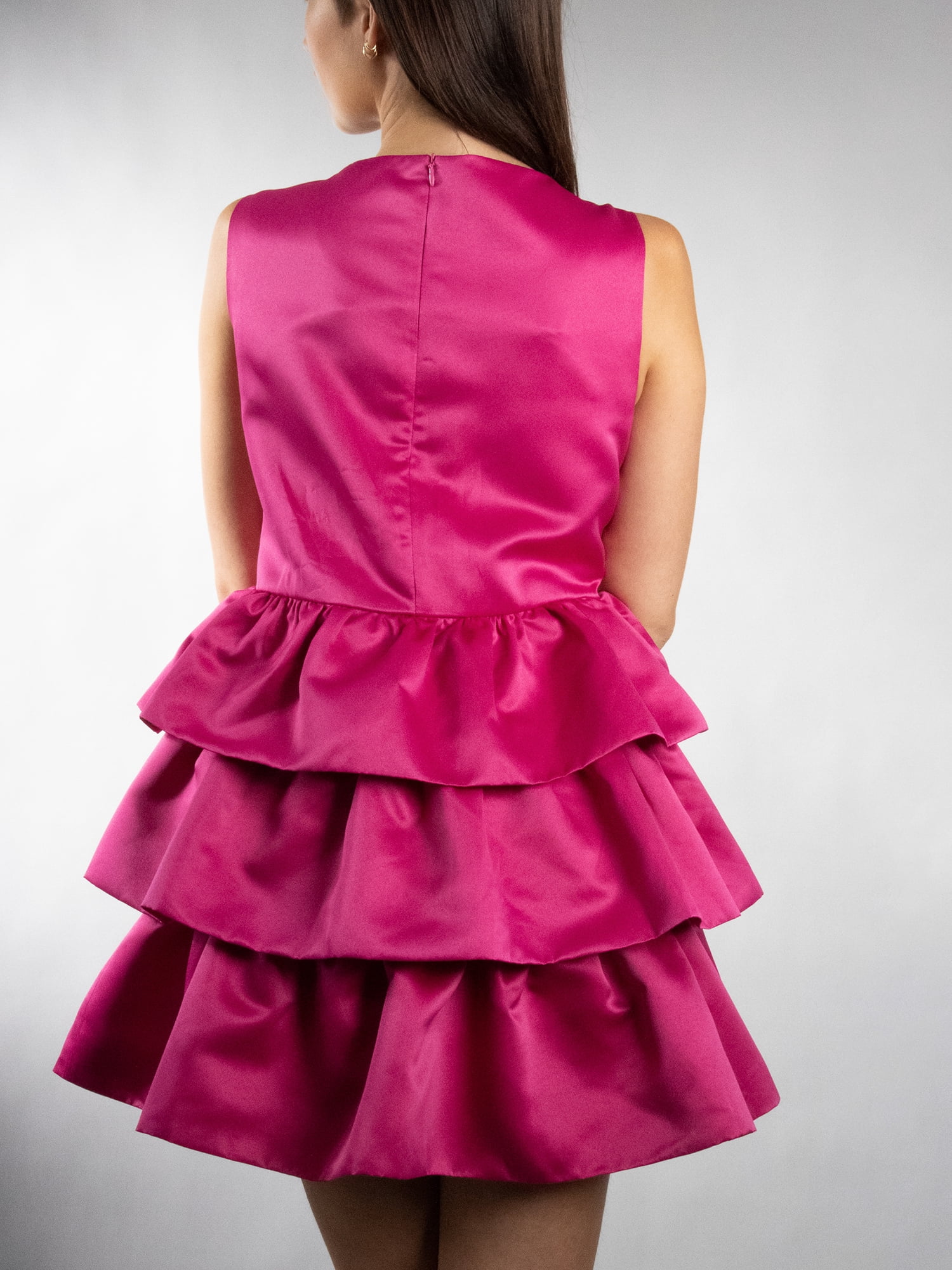 DARING DIVA Women's Elegant Boat Neck Tiered Mini Dress XS Fuchsia Pink