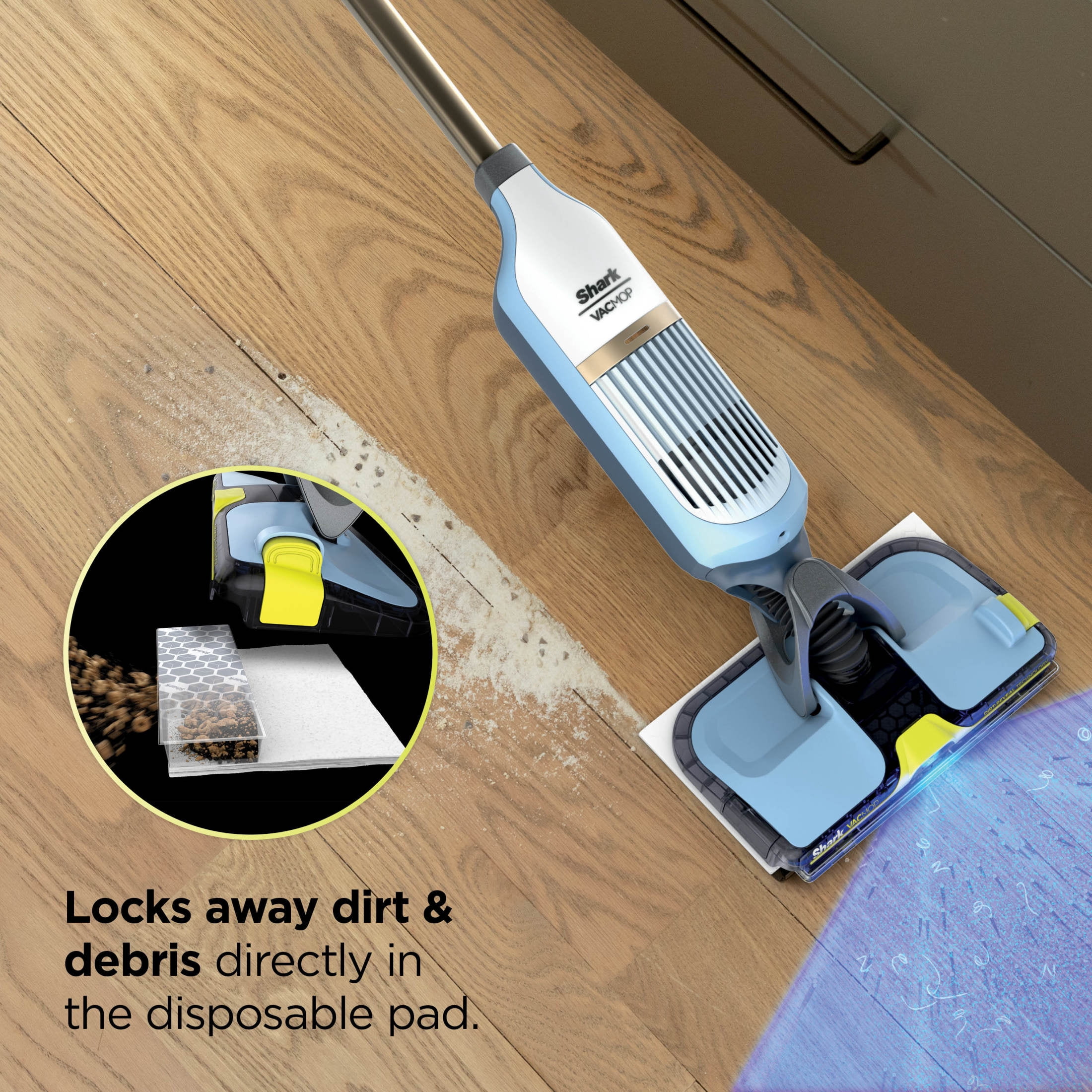 Shark VACMOP Reveal Cordless Hard Floor Cleaner, Vacuum and Spray Mop, 4 Disposable Pads, 12oz Pet Multi-surface Cleaning Solution, VM401BL Blue