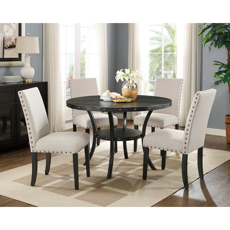Roundhill Biony Espresso Wood Dining Table with 4 Tan Fabric Nailhead  Chairs, 30.75