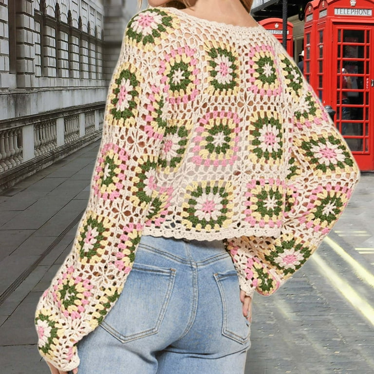 Womens Crochet Tops Flower Square Knitted Pullover Hollow Out Long