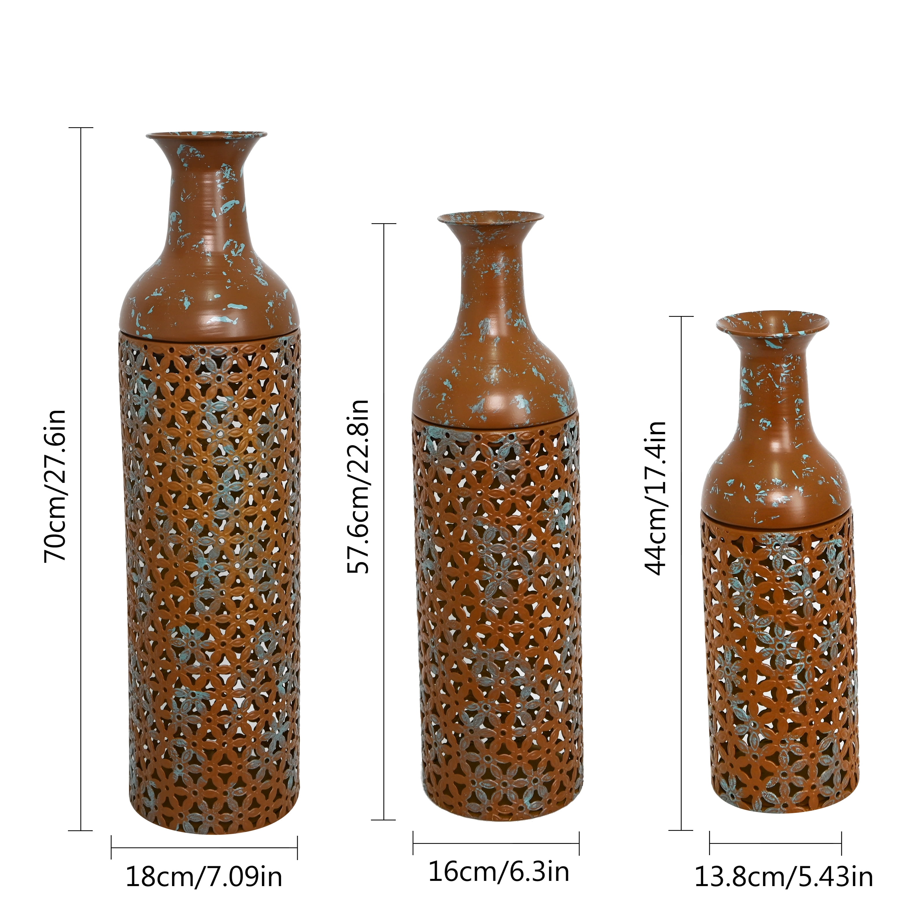 Metal Floor Vases Set of 3 with Leaf Pattern, Tall Decorative Vases and Home Decor Accents for Living Room Entryway, Rustic Brown