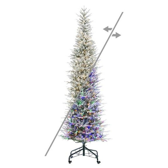 Vickerman  9 ft. x 34 in. Green Frosted Tacoma Fraser Fir Pencil Artificial Pre-Lit Christmas Tree with 900 LED Color Changing - 3 mm