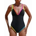 thumbnail image 1 of Women'S One Piece 2025 Tummy Control Swimsuits Neon Color Block Swimwear Deep V Neck Slimming Bathing Suit Black L, 1 of 8