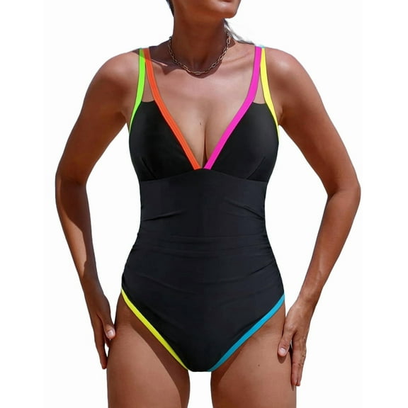 Women'S One Piece 2025 Tummy Control Swimsuits Neon Color Block Swimwear Deep V Neck Slimming Bathing Suit Black XL