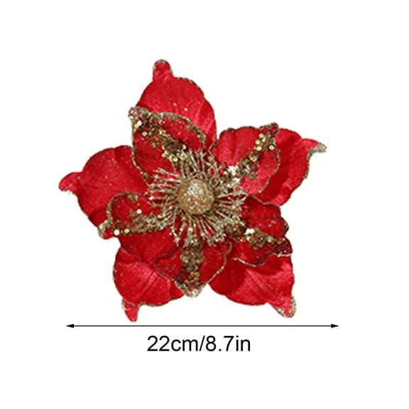 Luoshdecor Large Glitter Christmas Flower ,Artificial Magnolia Flowers Velvet Christmas Tree Ornaments for Xmas New Year Party Wedding Holiday DIY Decorations 8.7 in
