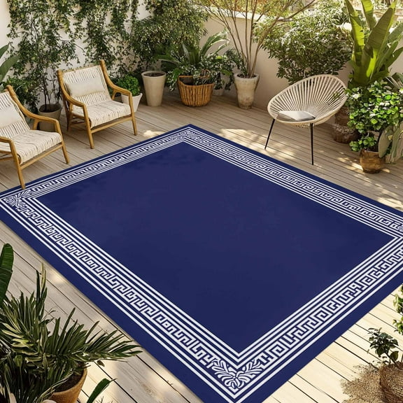 Fsddascl Navy Blue Geometric Outdoor Rug for Patio/Deck/Porch, Non-Slip Large Area Rug 4 x 6 Ft, White Greek Key Farmhouse Indoor Outdoor Rugs Washable Area Rugs, Reversible Camping Rug Carpet