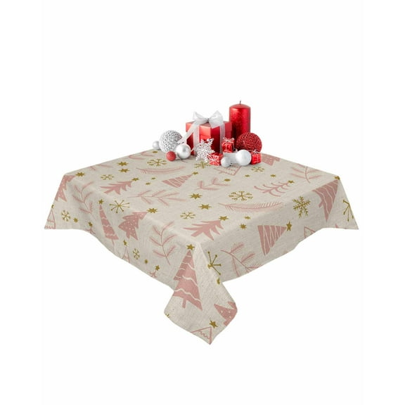 Square Tablecloth 54 x 54 Inches Pink Christmas Tree Pine Branches Linen Waterproof & Stain Resistance Table Cloth Decorative Fabric Table Cover for Dinning/Party/Buffet/Banquet