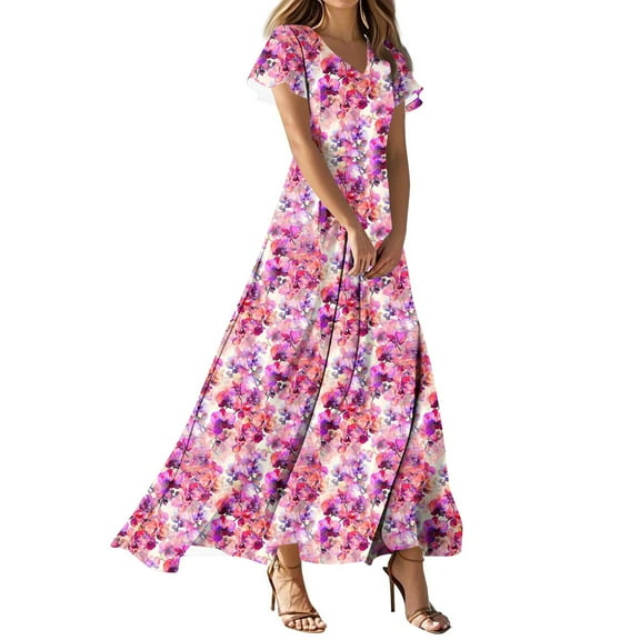 asdoklhq Summer Holiday Dresses for Women Semi Formal Elegant Dresses for Women Fashion Casual Printed Slim Women Casual Short Sleeve V-Neck Knee-High Dress Multicolor 3X