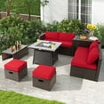 thumbnail image 3 of Patiojoy 9 Pieces Outdoor Patio Furniture Set with 35-Inch Propane Fire Pit Table Outdoor PE Wicker Space-Saving Sectional Sofa Set with Storage Box and Cushions Red, 3 of 10