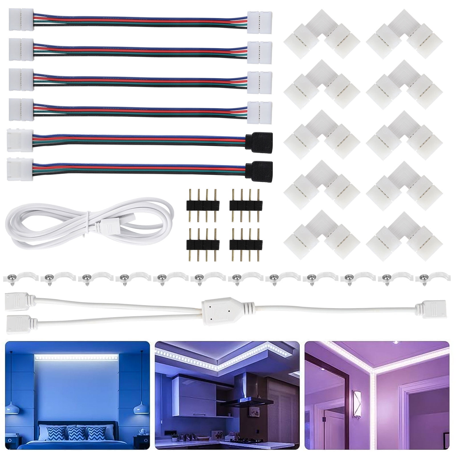LED Strip Light Connectors,10mm 4 Pin 5050 RGB LED Light Strip Connectors Kit,Includes 8 Types of Solderless Connectors for Multi-Color LED Strip Connection 8 Types of Non-Waterproof Version