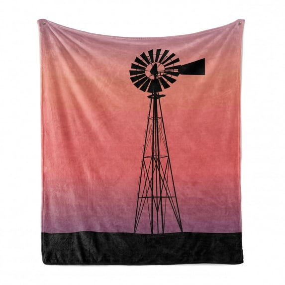 Windmill Soft Flannel Fleece Blanket, Windmill Silhouette at Dreamlike Sunset Western Ranch Agriculture Theme, Cozy Plush for Indoor and Outdoor Use, 50" x 60", Coral Lilac and Black, by Ambesonne