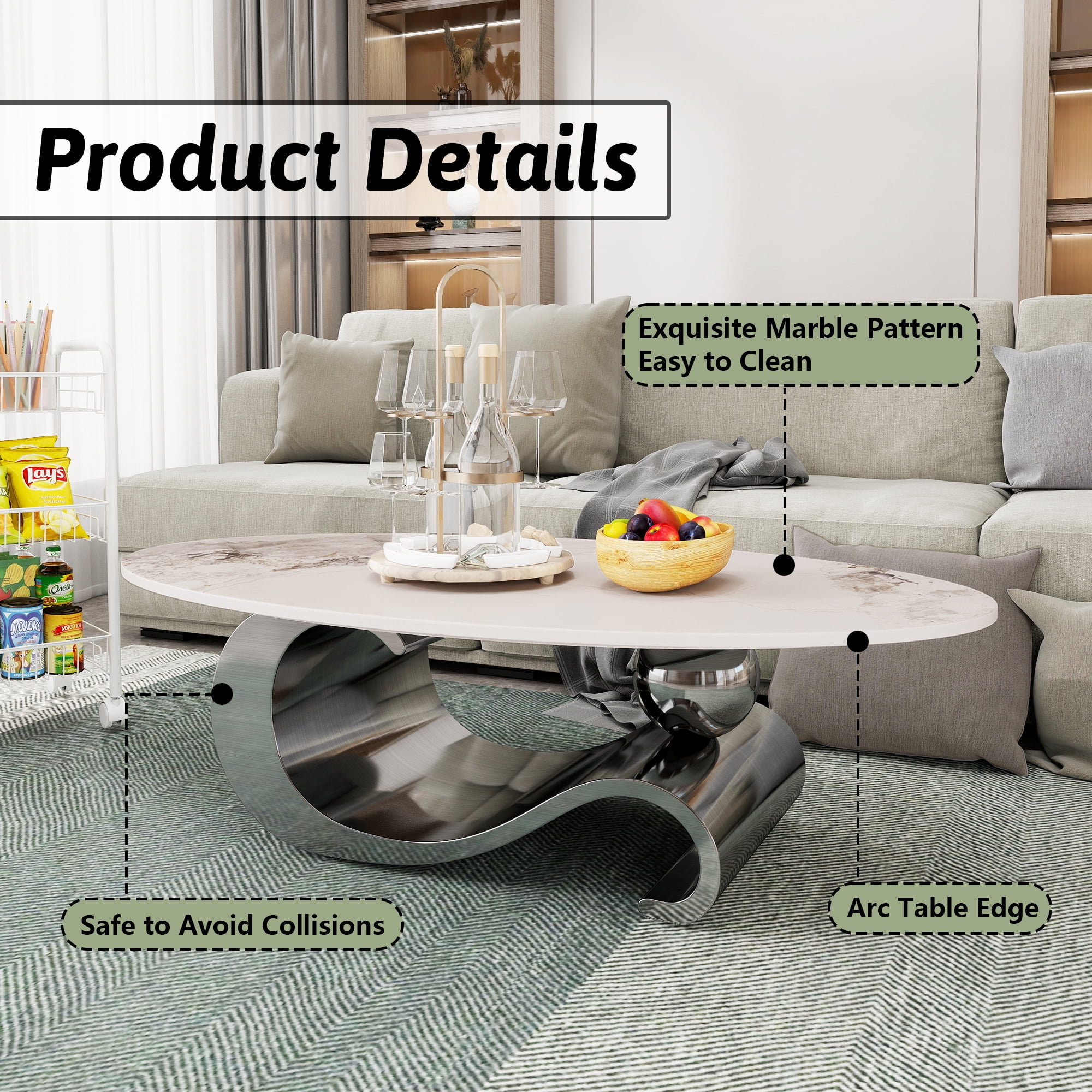 HIUU White Marble Coffee Table for Living Room,Oval Coffee Table with Grey Stainless Steel Base for Living Room