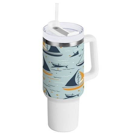 

40 Oz Car Handle Water Bottle 10.8x3.85 Inch Handle And Straw Travel Water Bottle Reusable Stainless Steel Water Bottle Green Cartoon Boat