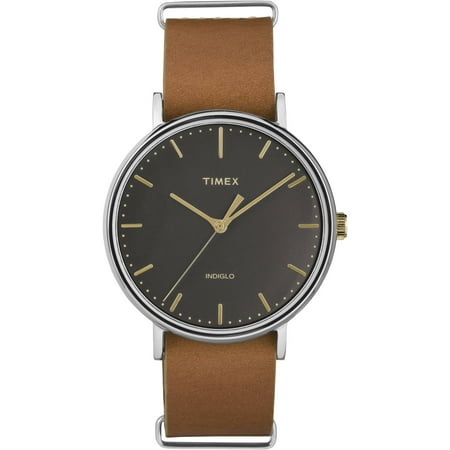 Timex Unisex Fairfield 41 Black Dial Watch, Brown Leather Slip-Thru Strap