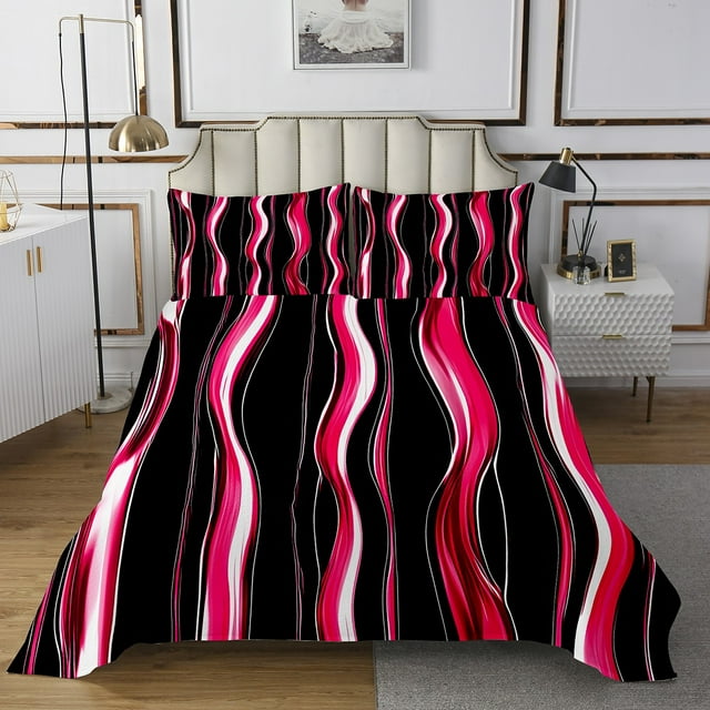 Erosebridal Geometric Wave Stripes Bedspread Set King Size Gradient Pink Black