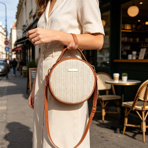Forest Style Textured Woven Round Handbag for Women, Crossbody Purse with Shoulder Strap, Straw Like Tote for Daily Casual, Circle Bag for Phone Wallet Sunglasses, Vacation Beach Travel Satchel