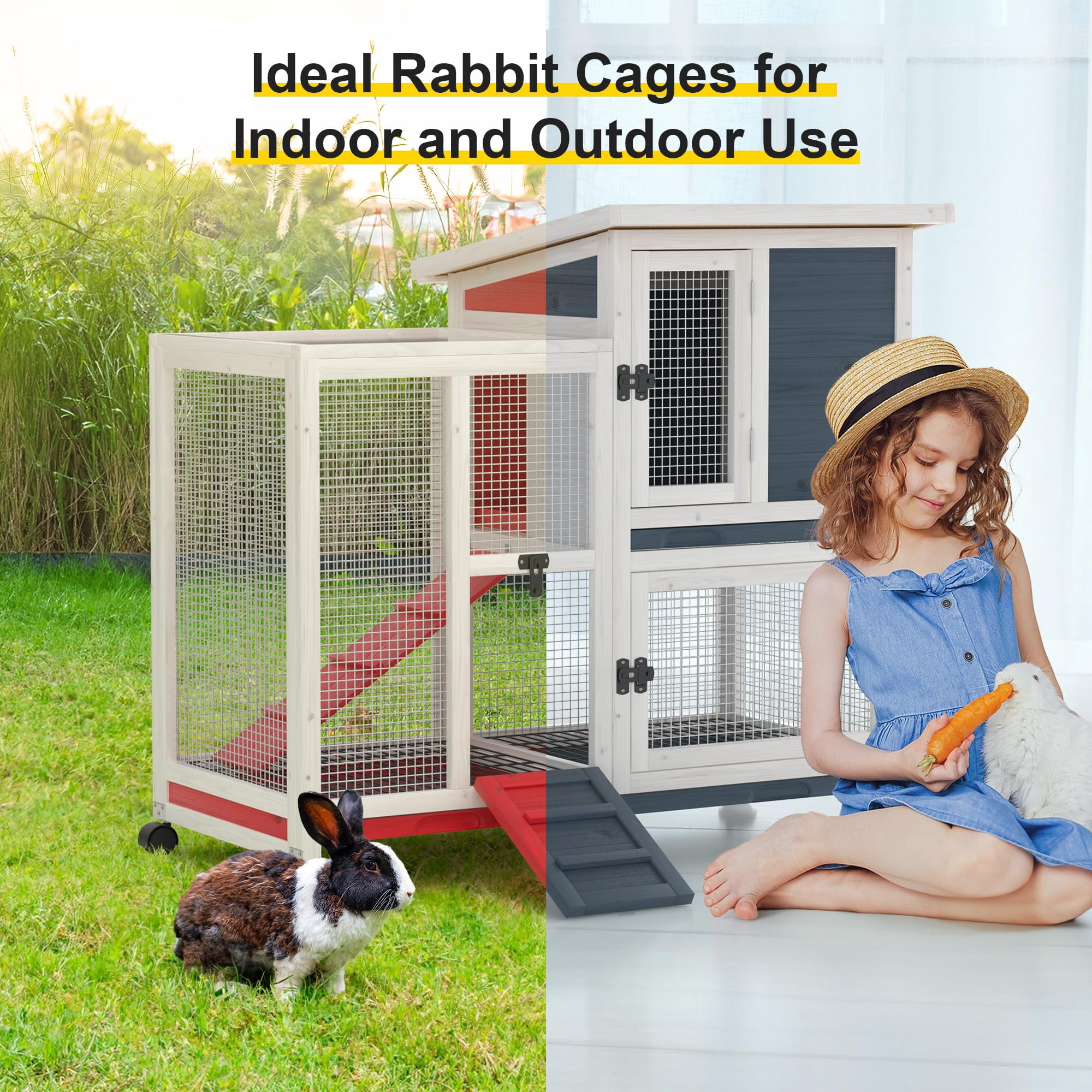 Phonjoroo Rabbit Hutch Indoor Bunny Cage Outdoor Wooden Guinea Pig House for Small Animals with Wheels, Ramp & Ramovable Tray (Grayish Blue)