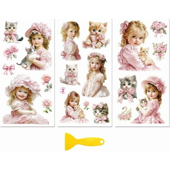 Rub on Transfer Decal Sticker for Furniture Craft Decor 6"x12" Pink Girl and Cat for Drawer Dresser Glass Porcelain Wood Plastic 3Pcs Waterproof UV DTF Transfer