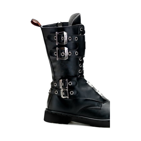 Leather Lace Up Combat Boots - Mens Black Combat Boots Lace Up Vegan Leather Buckles 1 Inch Heels MENS SIZING