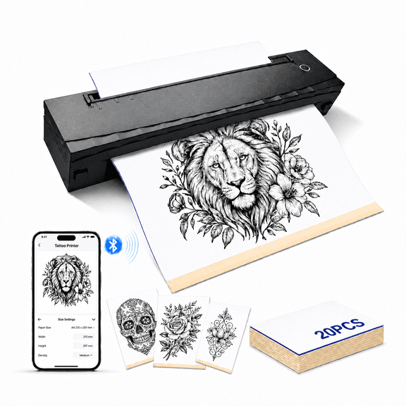 INSMART Tattoo Stencil Printer Machine, Wireless Thermal Printer, Portable Tattoo Printer Kit with 20 Pcs Transfer Paper, Bluetooth Compatible with iOS, Android, Laptop