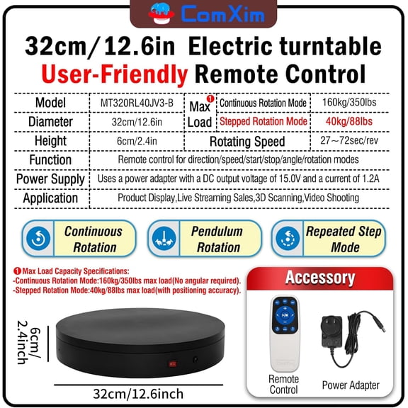 12.6 Inch Electric Motorized Turntable with Remote Control, 350lbs Heavy Duty Rotating Display Stand for Photography 3D Scanner Video Shooting