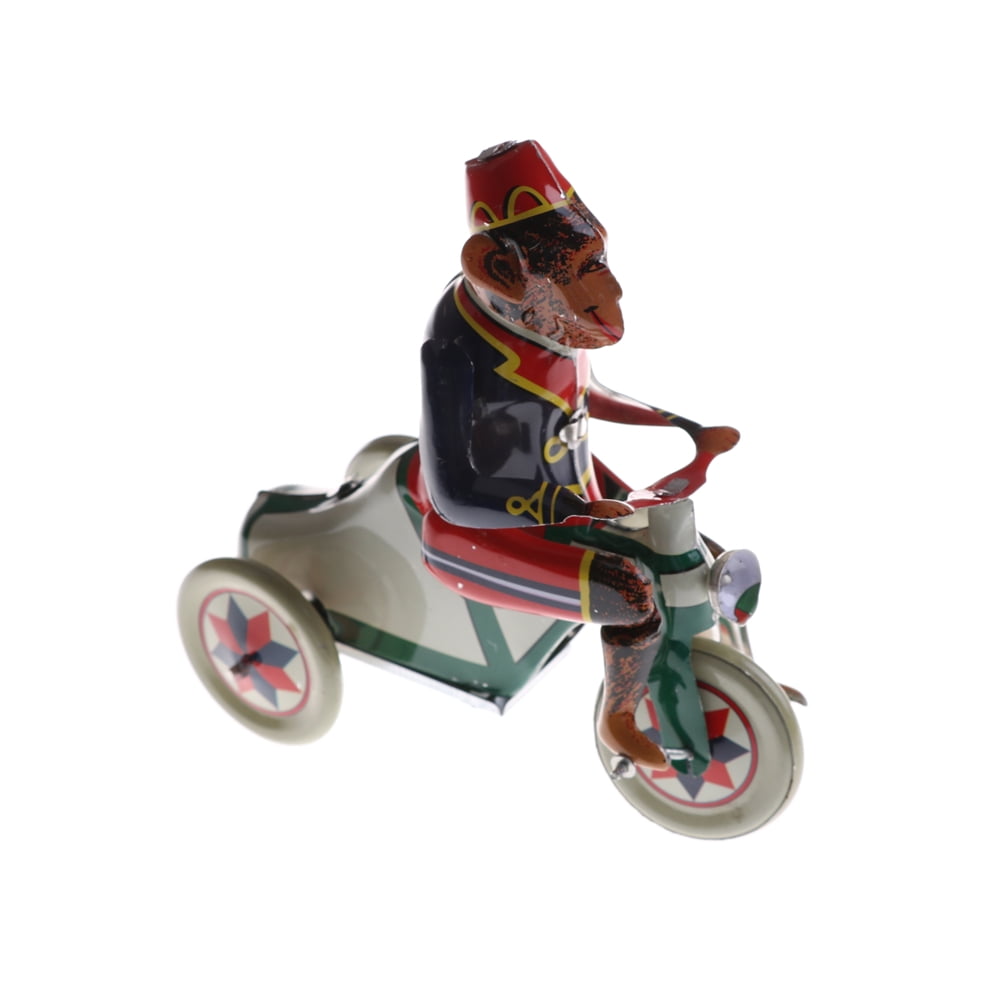 Vintage Retro Clockwork Tin Toys Monkey Riding a Car Wind Up Toy Collectible 