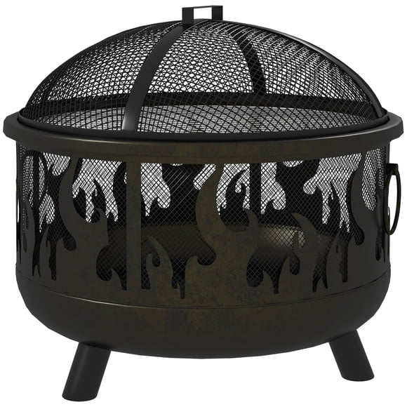 24" Round Outdoor Metal Fire Pit and BBQ Grill, Heat-Resistant Steel Firepit Bowl with Mesh Lid, Food Grate and Poker, Black Fire Pit for Garden, Camping and Patio Bonfires