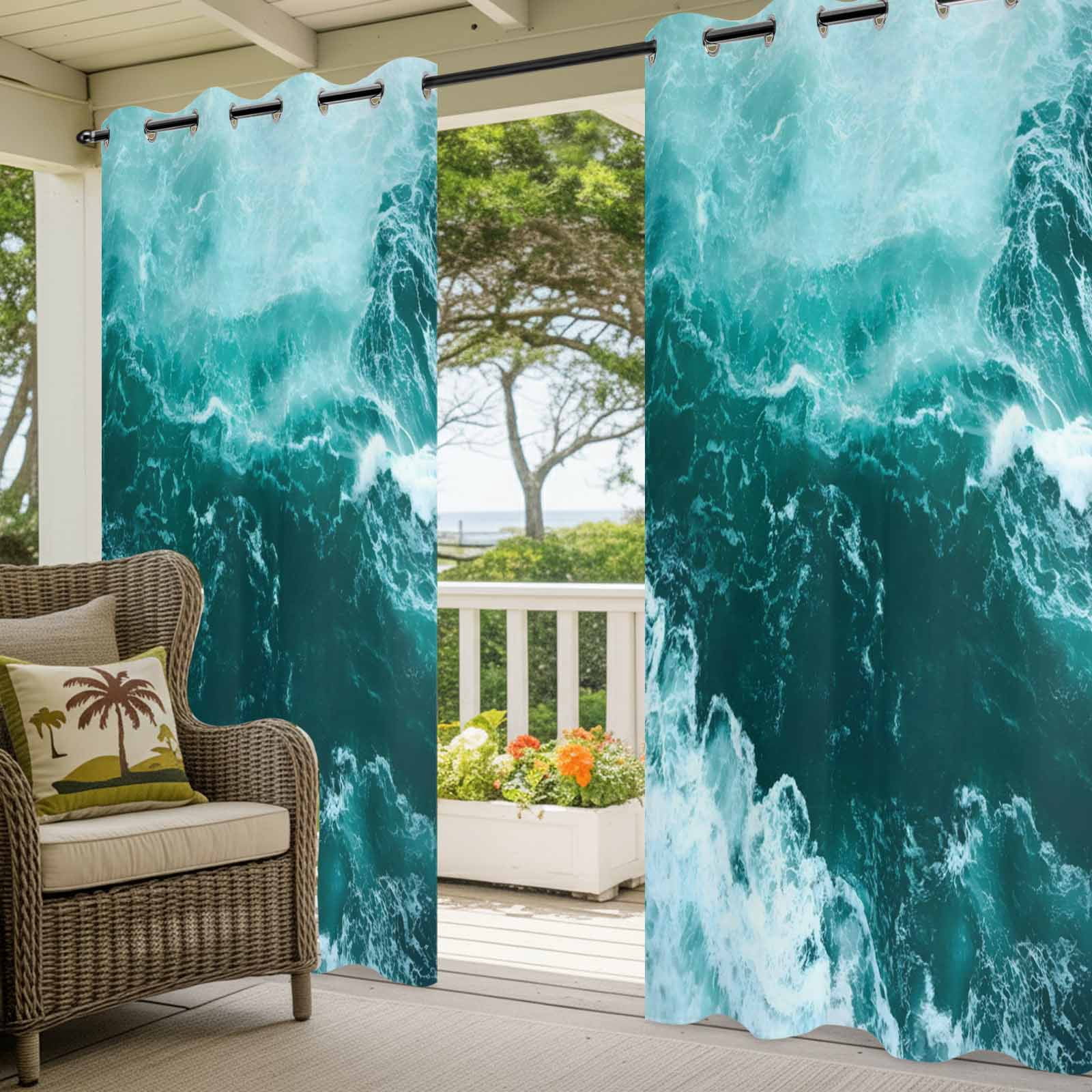 Ocean Waves Outdoor Curtains for Patio, Modern Nautical Dark Green Ocean Waves Sunshade Privacy Drapes Grommet Waterproof Outside Curtains for Porch/Cabana/Balcony 54"x 108", 1 Panel