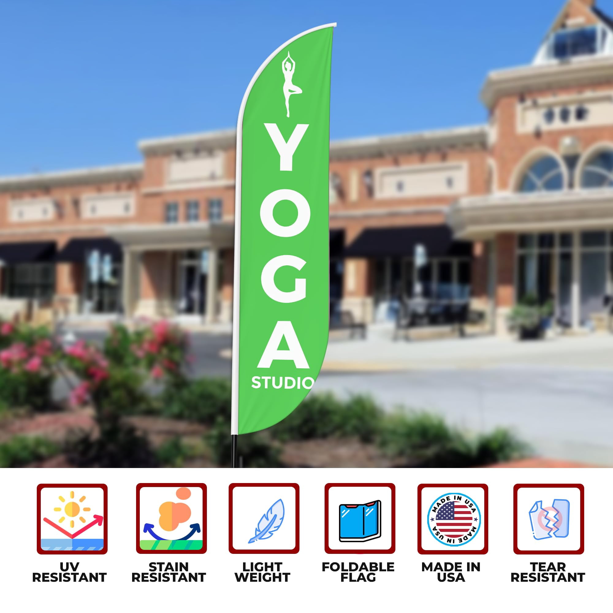 Yoga Sign feather flag for Outdoor by Mavis Printing | 11.5 FEET Long Polyester Outdoor Banner Flag for Easy Hang | HD Print Swooper I Flag Only to Advertise Yoga| Made in USA I Flag Only