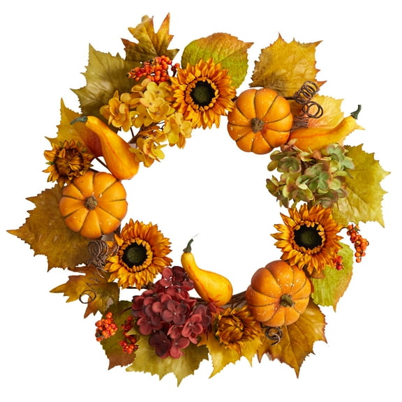 Nearly Natural Plastic Hydrangea Artificial Fall Wreath, with Pumpkins and Sunflower, 22" (Multicolor)