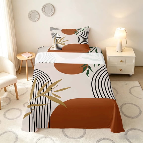 Manfei Boho Mid Century Twin Sheets, Minimalism Art Bedding, Brown, Green and Black, Reversible 3pcs1 Flat Sheet 1 Fitted Sheet 1 Pillowcase