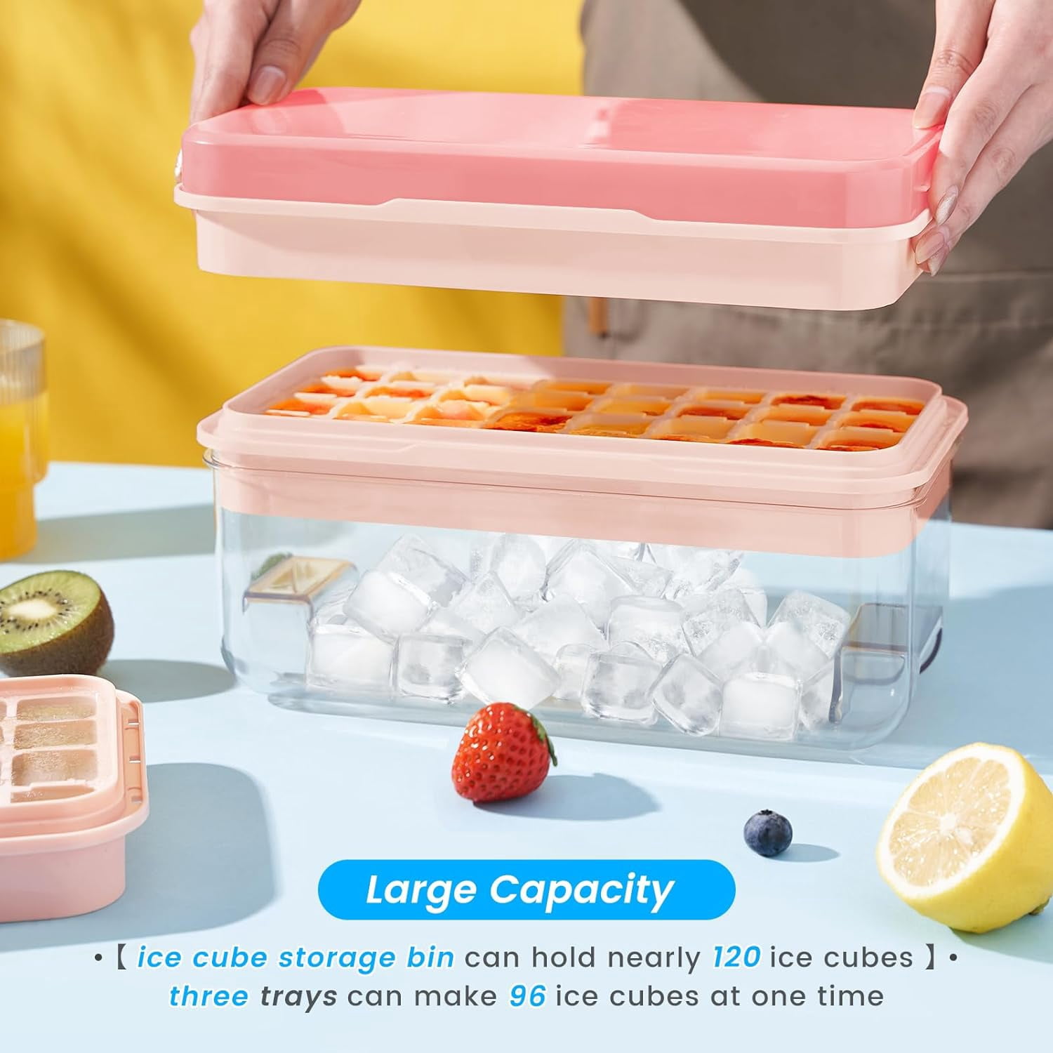 Ice Cube Tray with Lid and Bin, 3 Pack Plastic Ice Cube Tray Molds, 96(4 * 8 * 3) pcs Ice Trays for freezer, Chilling Drinks, Whiskey & Cocktails, with Ice Container and Ice Scoop, BPA-Free