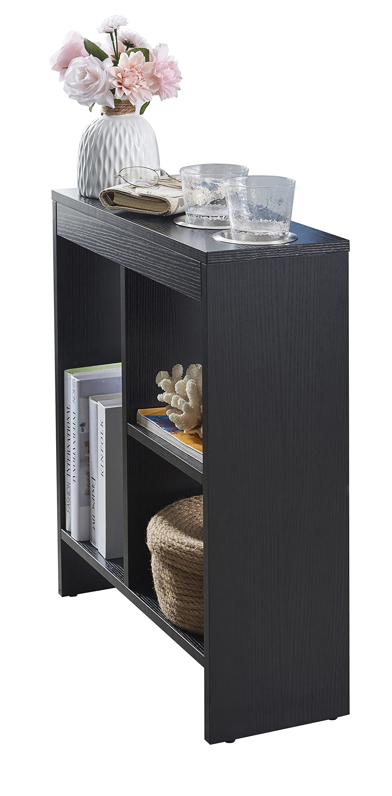 Kings Brand Furniture Narrow Side End Table with Drink Holders & Storage Shelves, Slim Sofa Table with Magazine Holder for Living Room, Bedroom, or Office – Black
