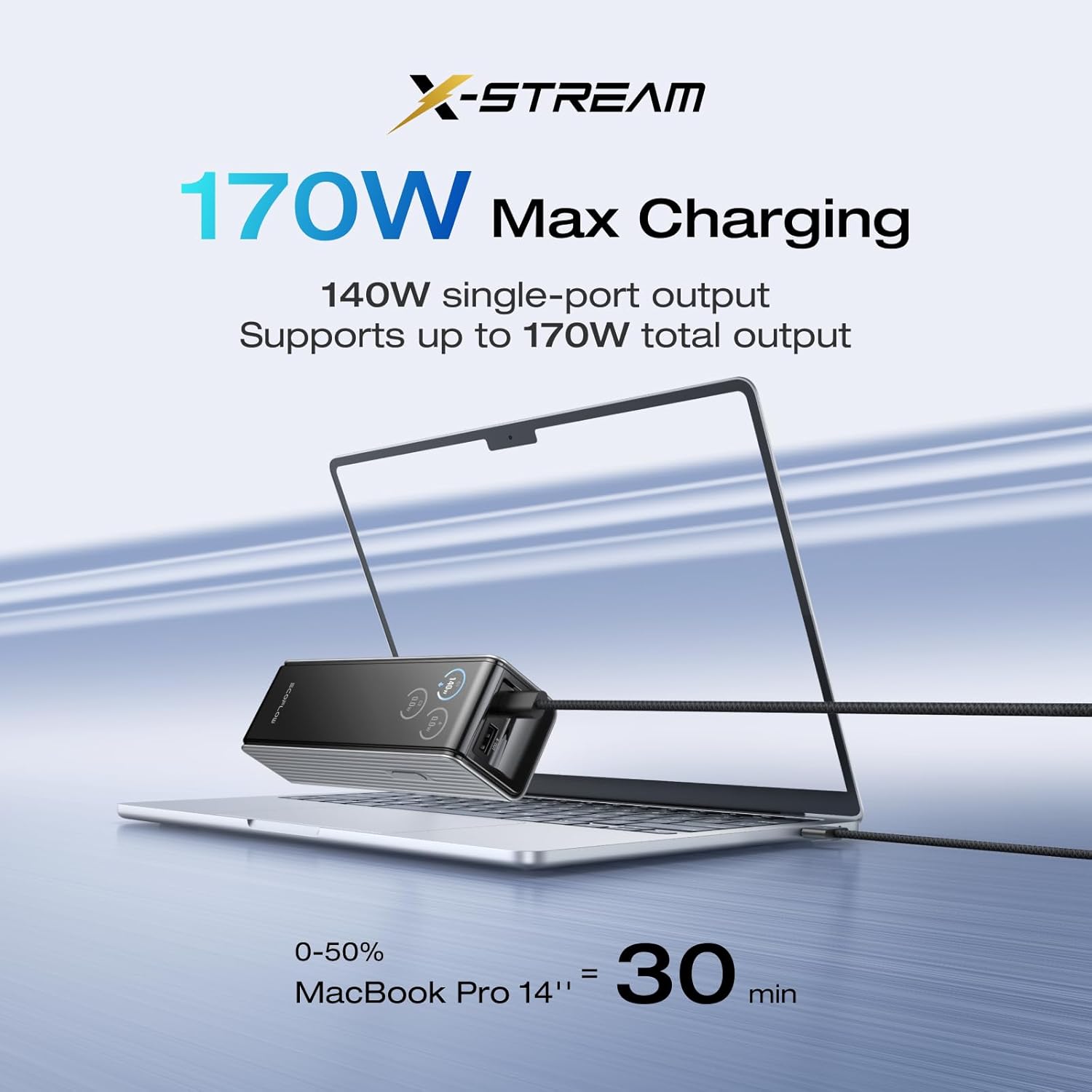 EF EcoFlow Rapid Power Bank 25,000mAh, 170W Portable Charger with Dual 140W USB-C Ports for Multi-Device Charging, Smart TFT Screen, Compatible with iPhone Series, Samsung, Laptop and More (Silver)