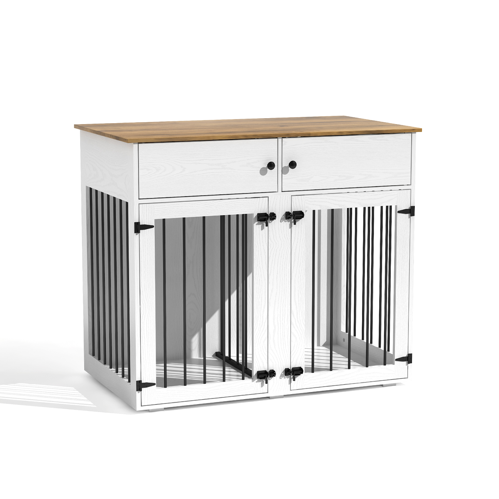 TIMHAKA Dog Crate Furniture w/ 2 Drawers, 41’’ Wooden Indoor Dog Cage w/ Divider, Double Doors, White