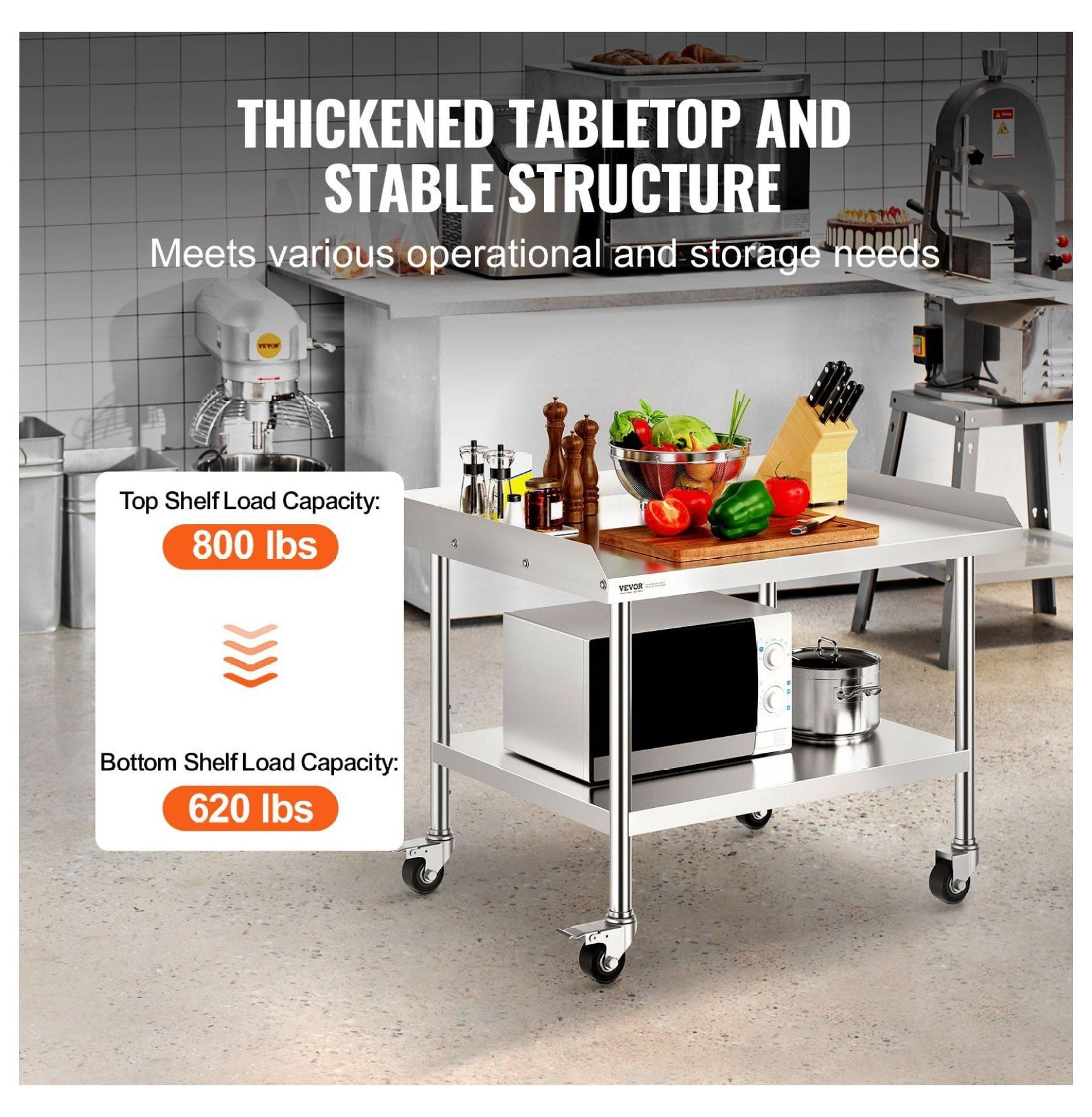Stainless Steel Work Table 30x36x30in, 4-Wheel Prep Table with Backsplash - Heavy Duty Metal Worktable for Kitchen, Restaurant, Hotel