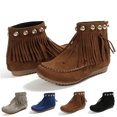 thumbnail image 2 of WEAIXIMIUNG Bottes Noires Mode Femme Franges Fermeture Éclair Bottines Courtes Bout Rond Chaussures Plates, 2 of 9