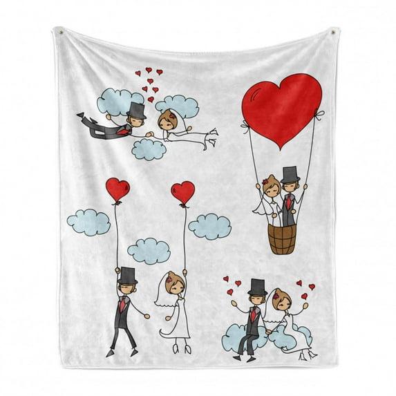 Wedding Soft Flannel Fleece Throw Blanket, Cartoon Couple Romantic Caricatures Getting Married Newlywed Happiness, Cozy Plush for Indoor and Outdoor Use, 70" x 90", Red Mint Green Grey, by Ambesonne