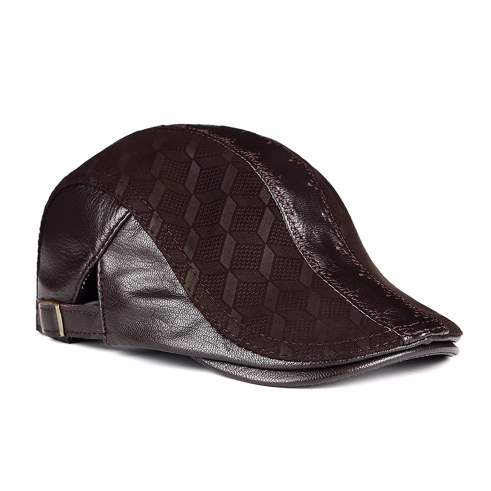 Genuine Leather Thin Print Geometry Berets Hats For Men Duckbill Leisure Black/Brown 54-61cm Fitted Cabbie Bonnet ,Unisex