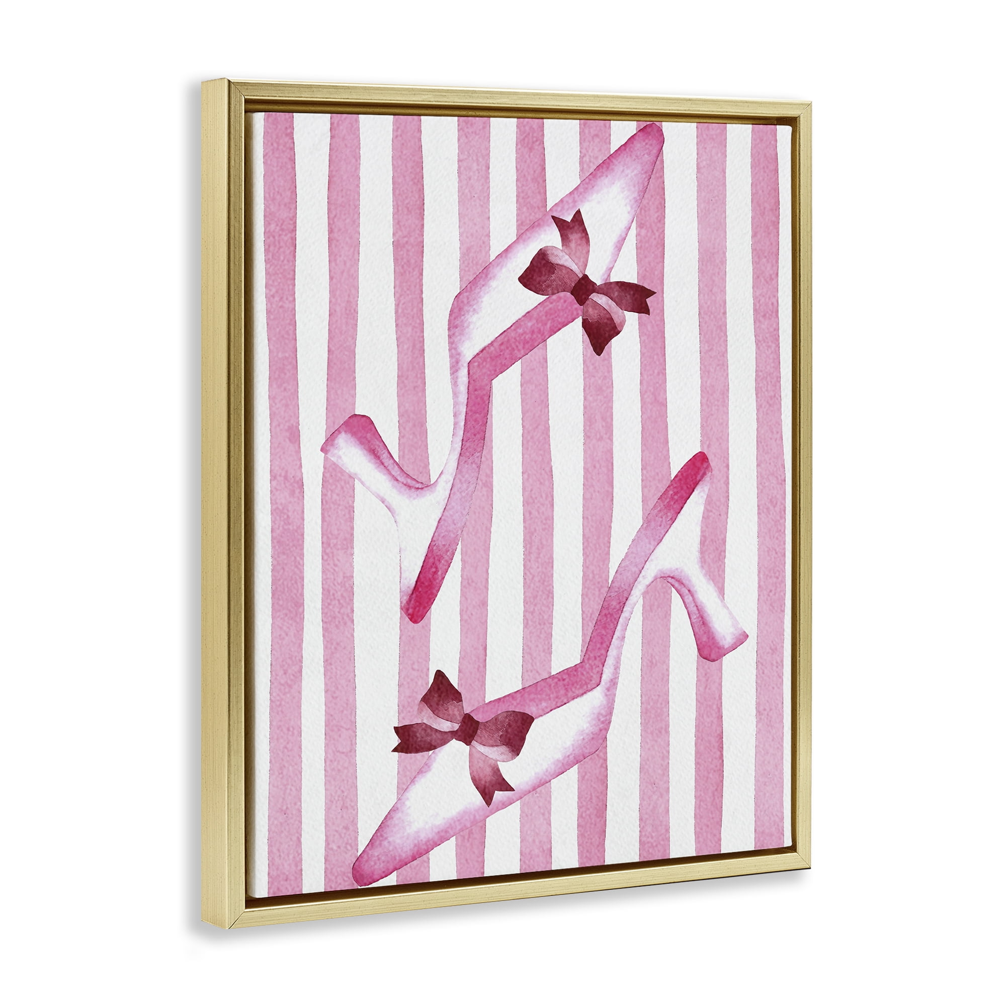 Stupell Industries Bow Heels on Pink Stripes Gold Framed Floater Canvas Wall Art, design by Camila Juncos