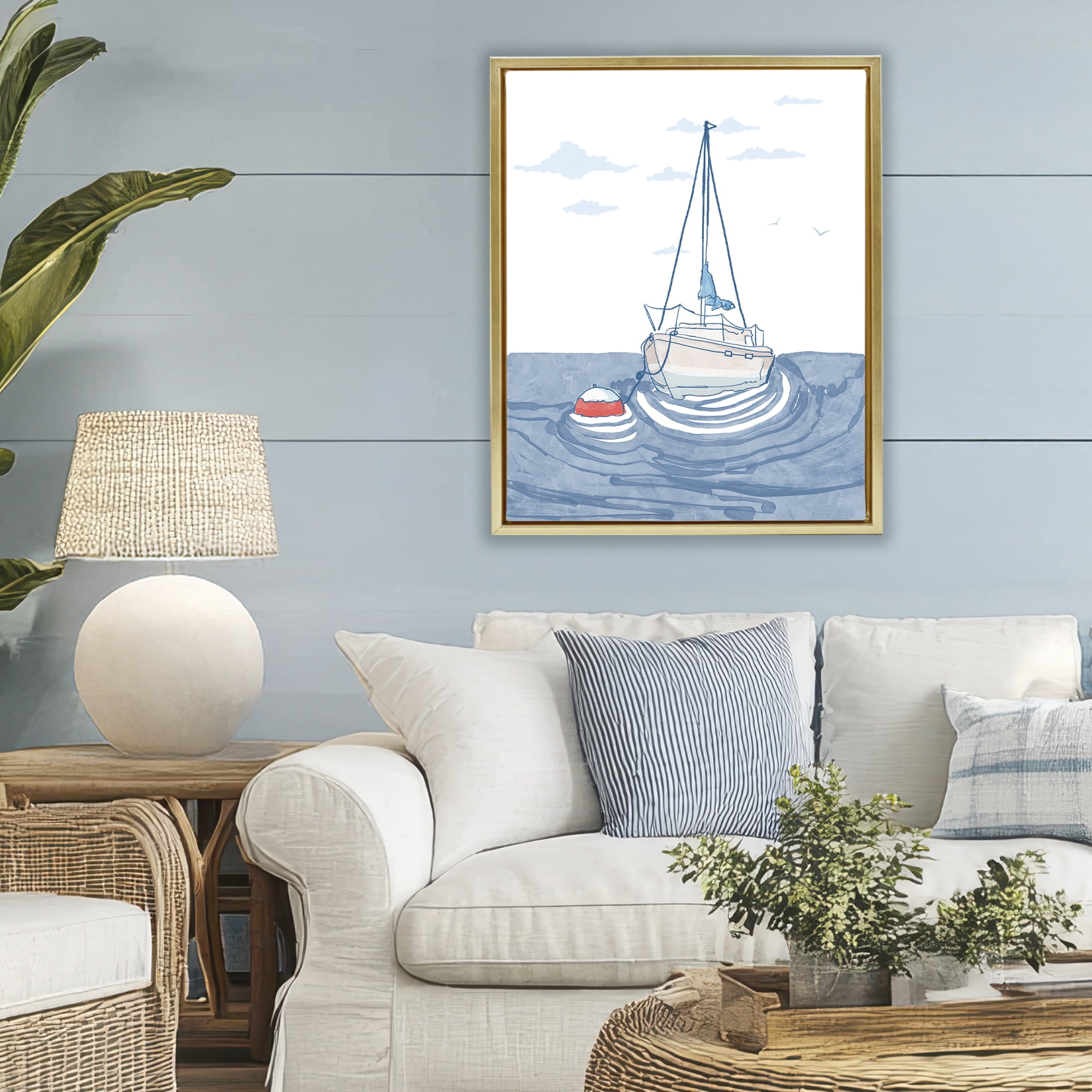 Stupell Industries Cool Tone Sailboat Floating Gold Framed Floater Canvas Wall Art, design by Melissa Tilley