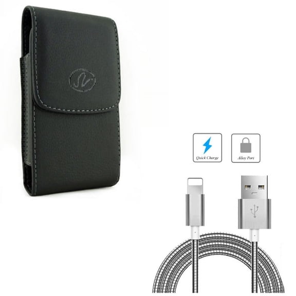 Charger Cord 3ft Metal USB Cable w Holster Leather Case Belt Clip P1A for iPhone XS Max XR 8 PLUS 7 Plus 6S Plus 11 Pro Max 6 Plus
